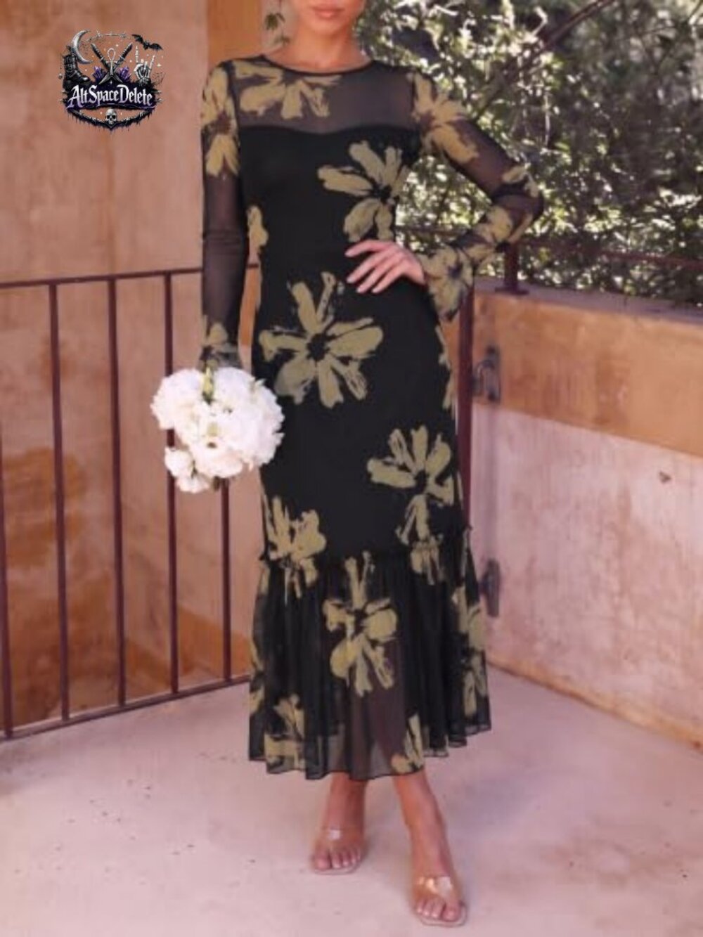 Women's Long Sleeve Floral Mesh Maxi Dress Formal Wedding Guest - Picture 2 of 6